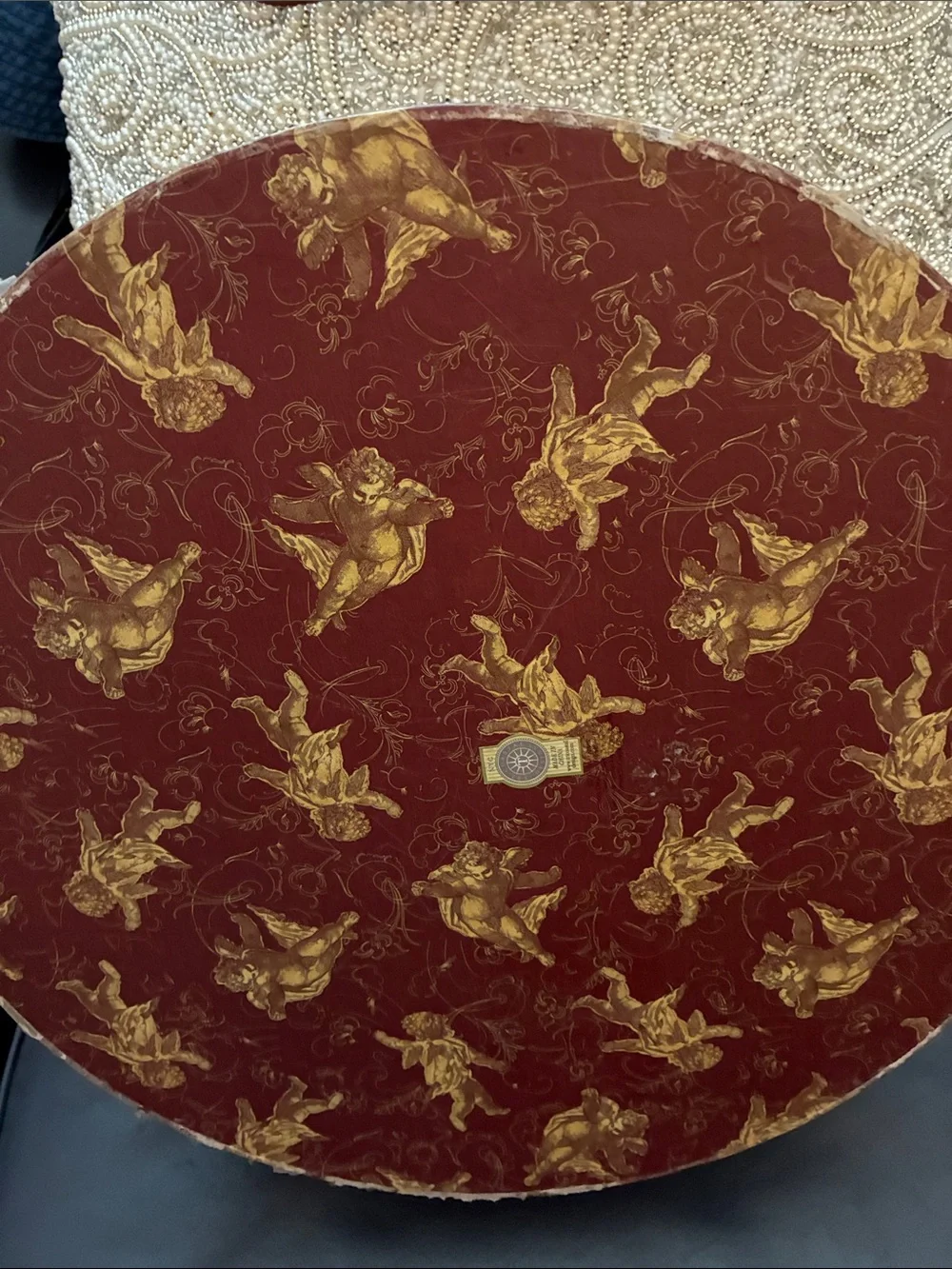 Decorative Cherub Storage Hat Boxes Set in Gold and Burgundy